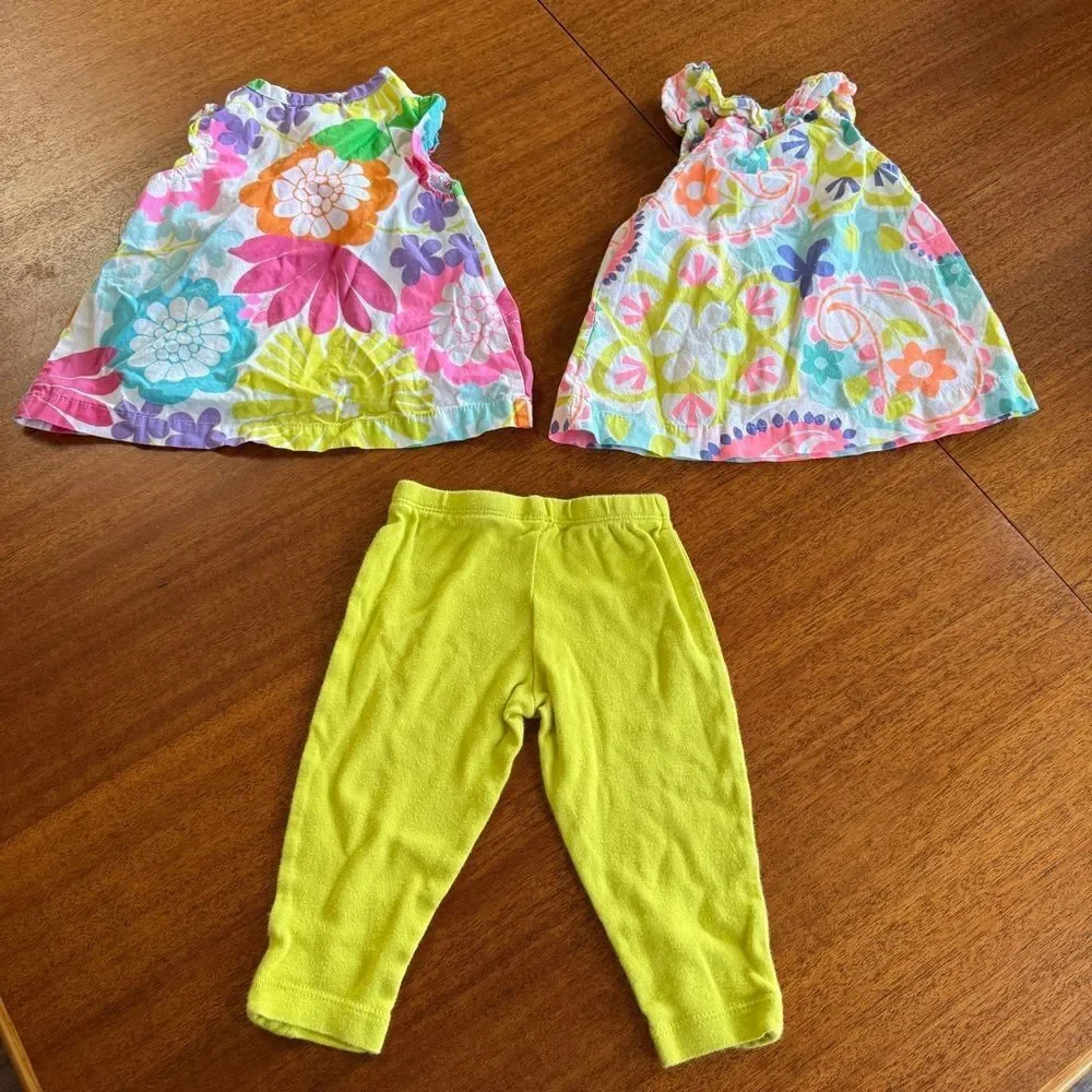 Carter’s 3 Piece Set Colorful Floral Tops and Neon Green / Yellow Pants Sz 9 mos